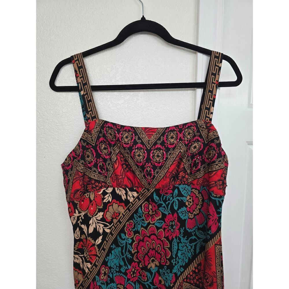 VTG Eva Blue Plus Size 14 Y2K Babydoll Linen Blend Bodycon Maxi Dress Black Red - Picture 2 of 8